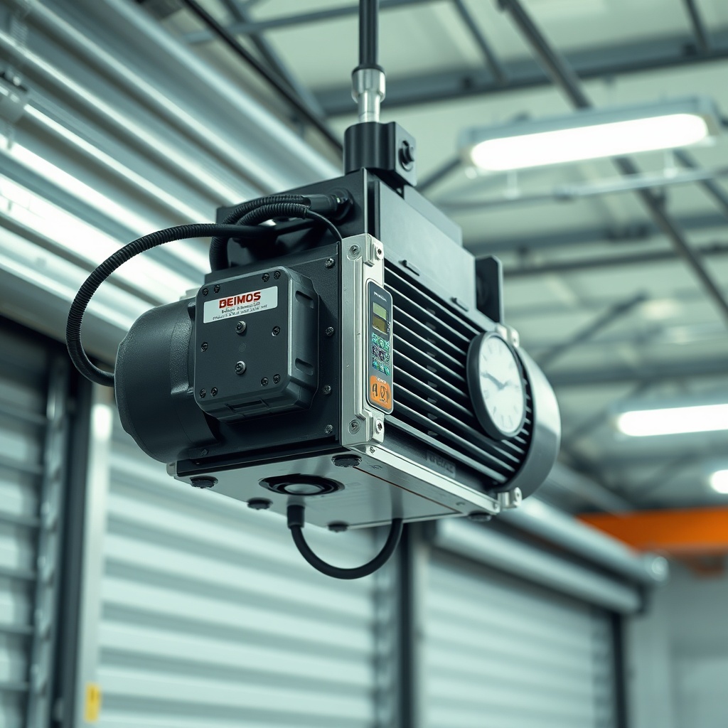 A photorealistic photo of a Bft Deimos BT A600 motor mounted on an industrial shutter