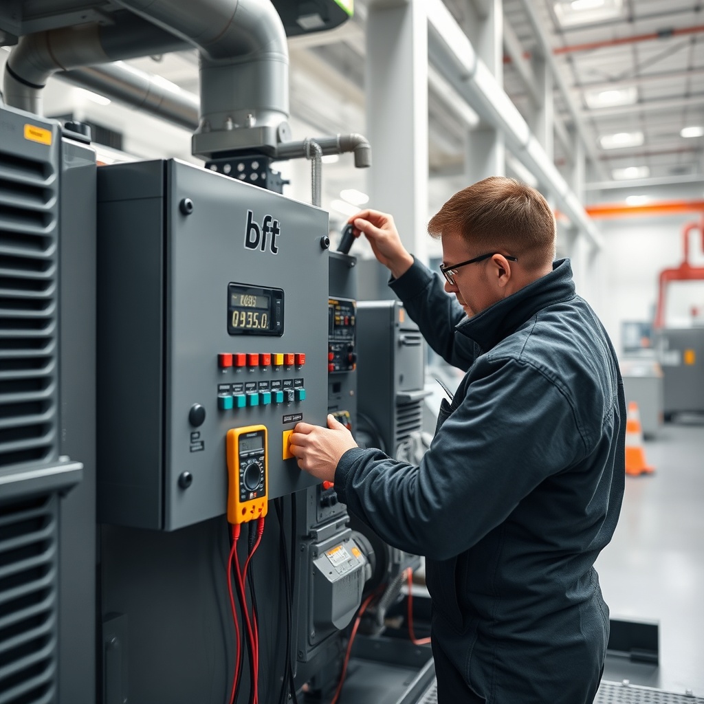 A photorealistic photo of a technician adjusting the control panel of a Bft Deimos BT A600