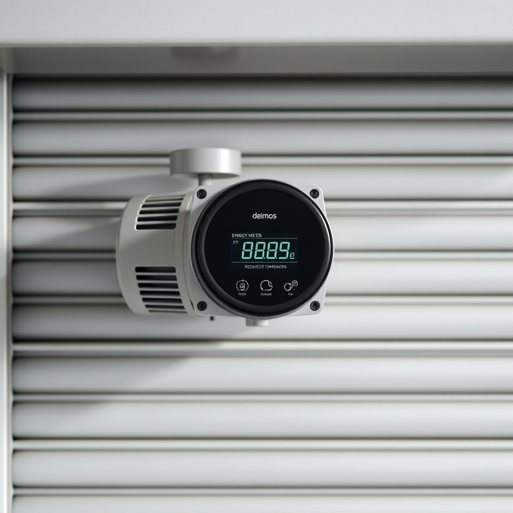 Photorealistic photo of a Bft Deimos BT A600 motor mounted on a roller shutter