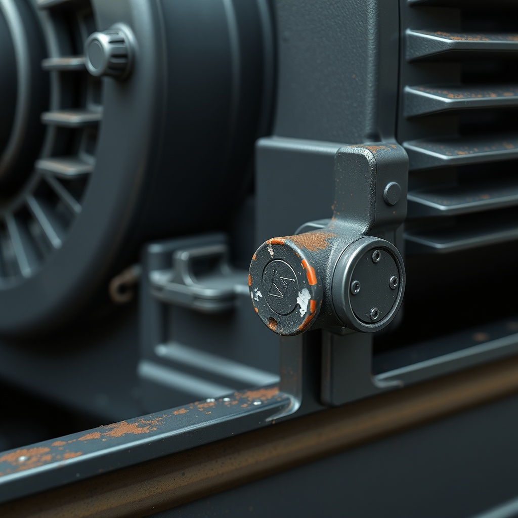 Photorealistic close-up of a Bft Deimos BT A600 motor with a dirty rail and rusty limit sw