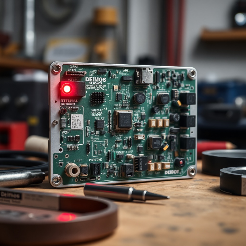 <A photorealistic image of a Bft Deimos BT A600 control board with a blinking red LED