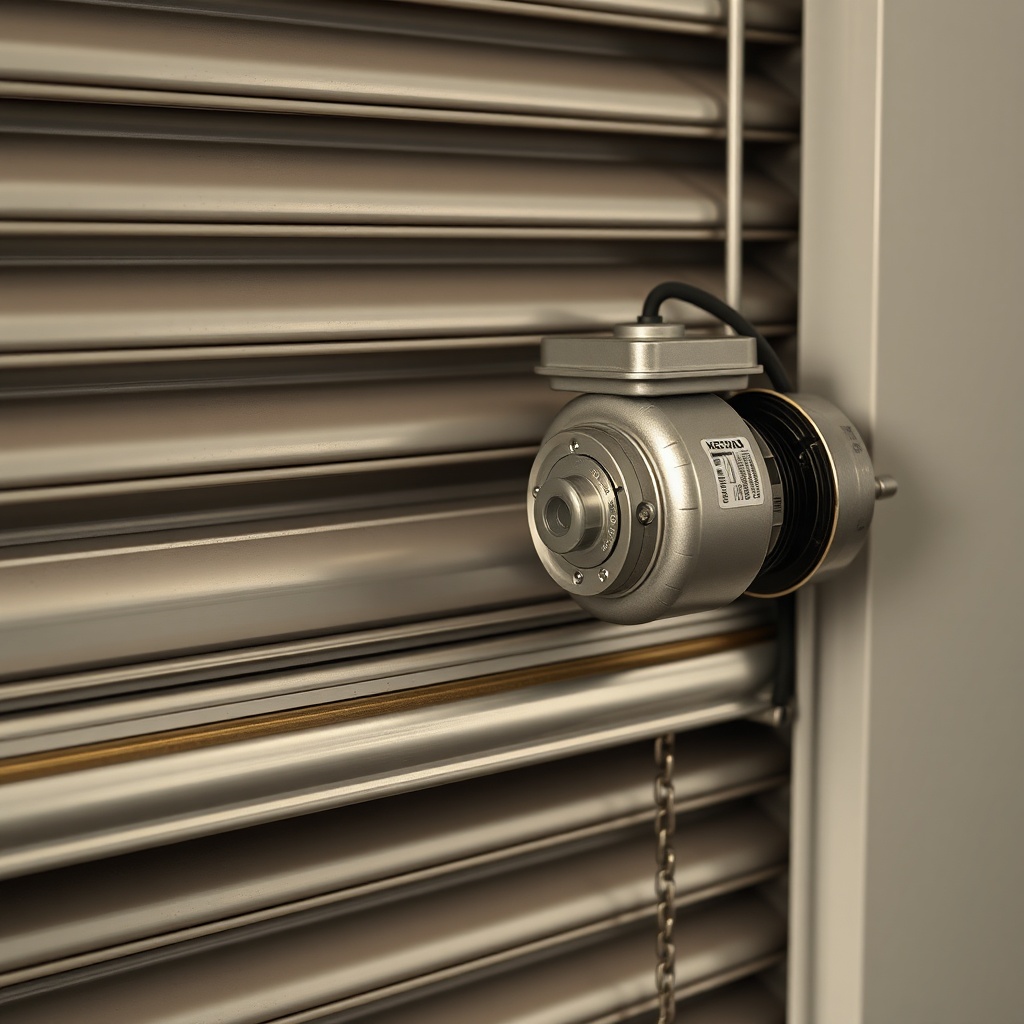 A close-up photorealistic photo of a KepenkUzman Zincir Motoru mounted on a metal shutter