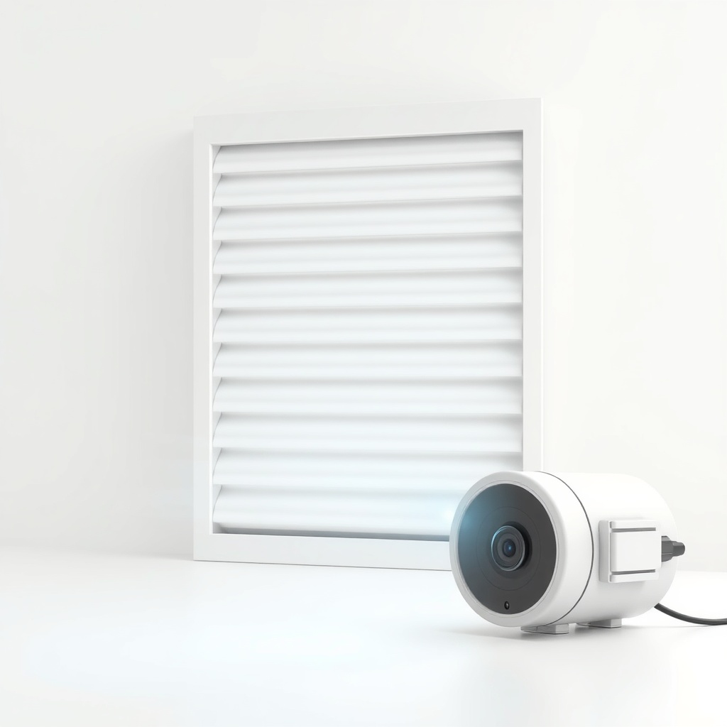 <clean photorealistic photo/illustration of a child-safe automatic shutter motor with sens