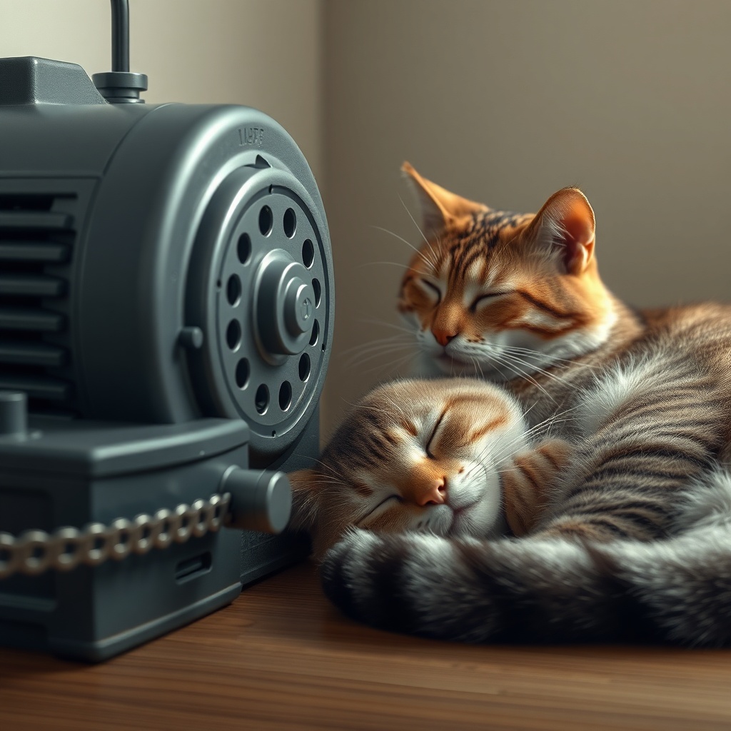 <clean photorealistic photo/illustration of a quiet chain motor operation near a sleeping