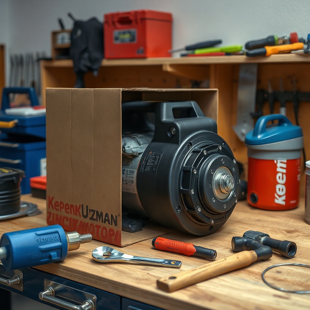 <clean photorealistic photo of a KepenkUzman Zincir Motoru being unpacked with tools on a