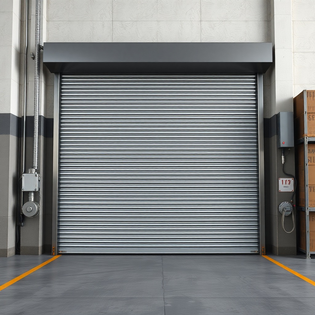 <A photorealistic wide-angle photo of a large industrial roll-up door with a KepenkUzman z