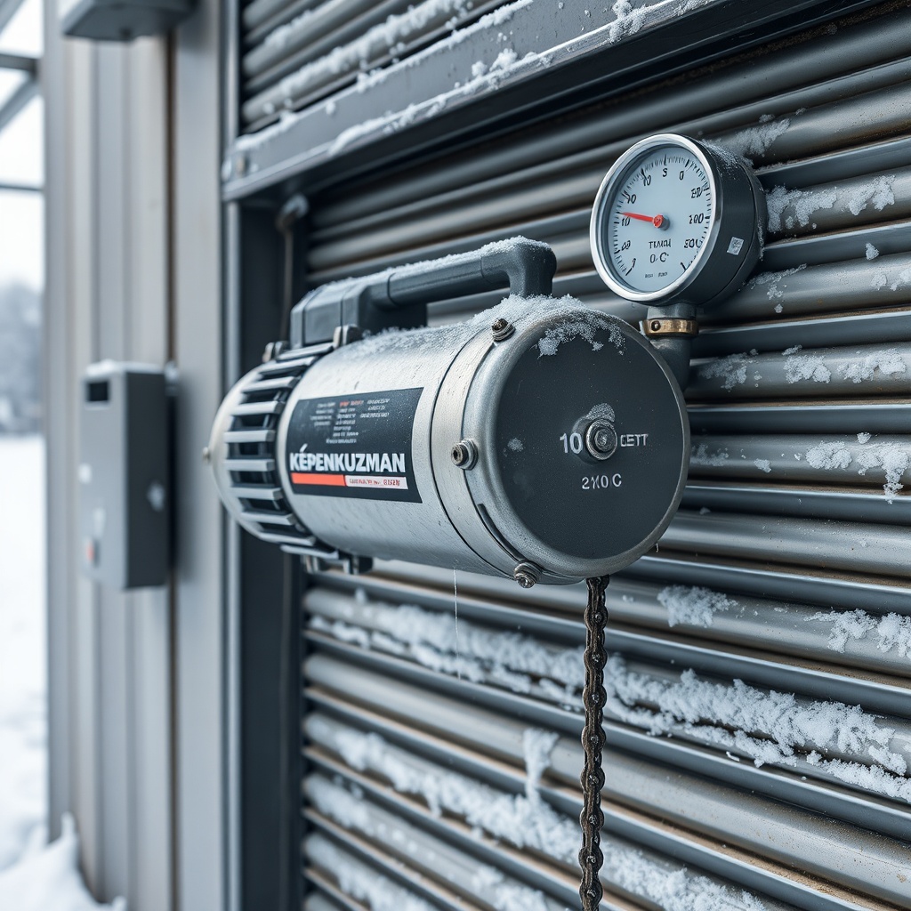 A photorealistic photo of a KepenkUzman zincir motoru mounted on a metal shutter in a snow