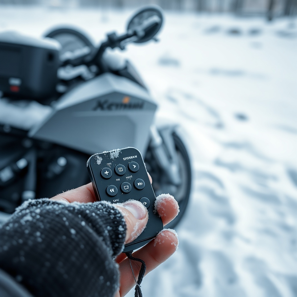 A clean photorealistic photo of a remote control being held near a KepenkUzman zincir moto