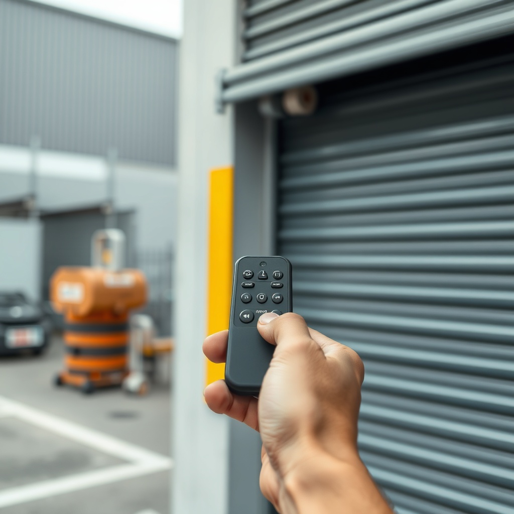 Clean photorealistic photo showing a hand holding a remote control near a motorized roller