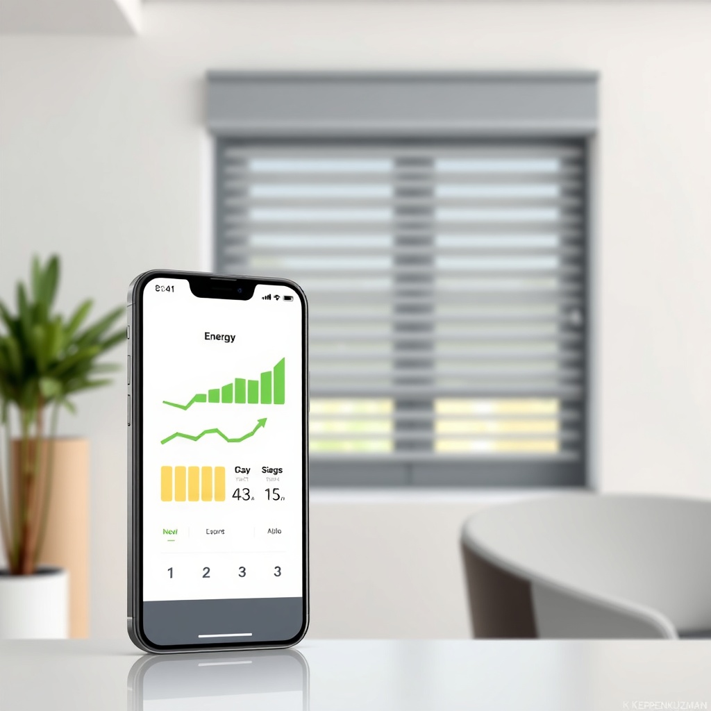 Clean photorealistic photo of a smartphone app interface showing energy savings statistics