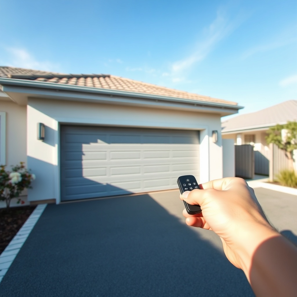 A wide-angle view of a residential driveway with a grey automatic shutter
