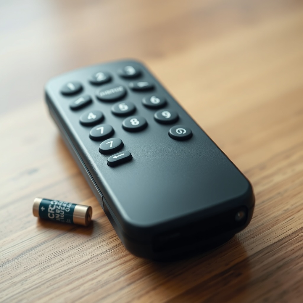 A close-up of a black remote control on a wooden table