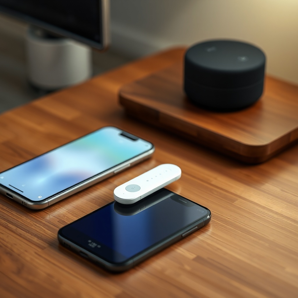 Photorealistic shot of a white Sirius wireless remote control placed on a wooden table nex
