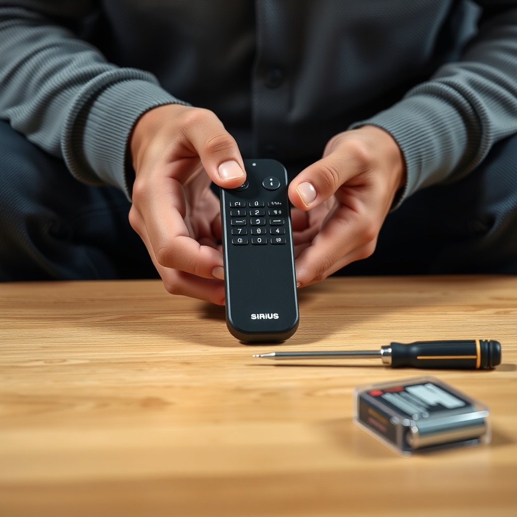 Photorealistic image of an installer's hands holding a Sirius remote control