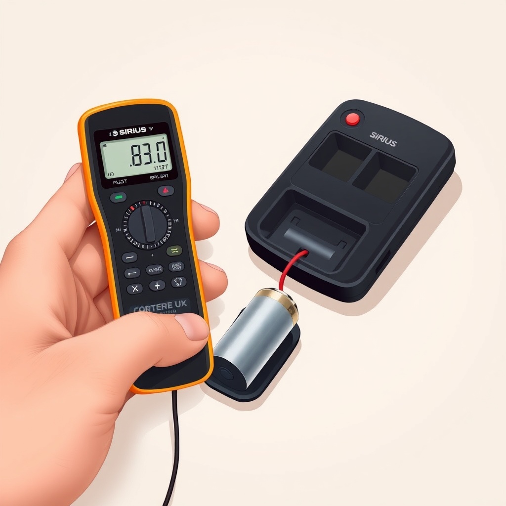 A photorealistic illustration of a person checking the battery compartment of a Sirius wir