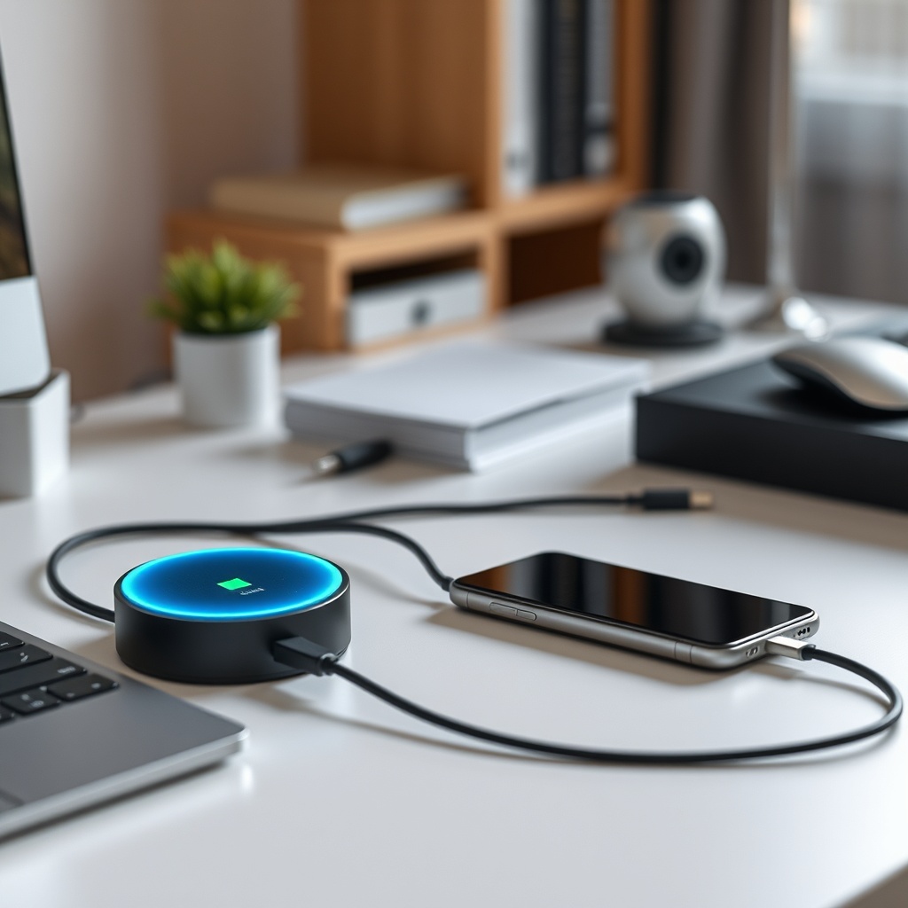 Wide shot of a Sirius kablosuz kumanda connected to a USB cable charging on a desk