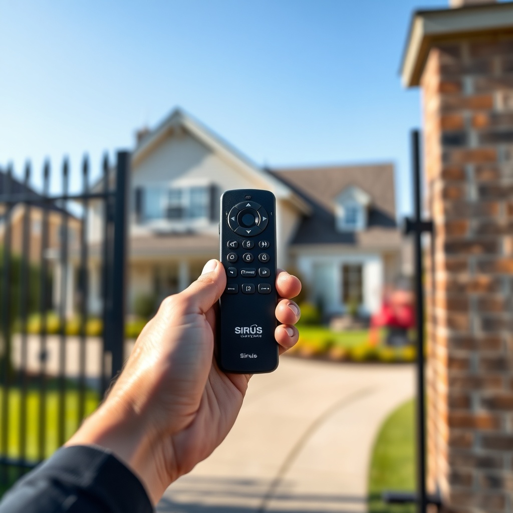 <A photorealistic photo of a hand holding a Sirius remote control near a residential gate