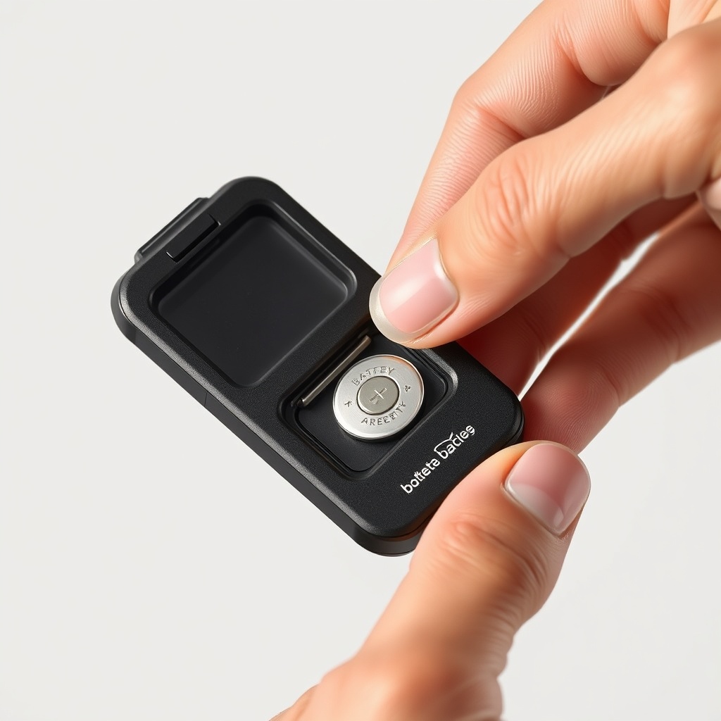 <A photorealistic close-up of a hand replacing a CR2032 battery in a Sirius wireless remot