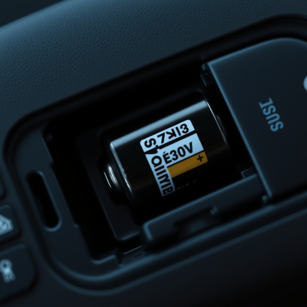 <clean photorealistic photo of a Sirius remote battery compartment with a fresh 12V batter