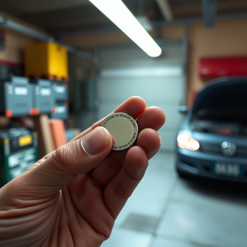 <clean photorealistic photo of a hand holding a small circular CR2032 battery next to a Si