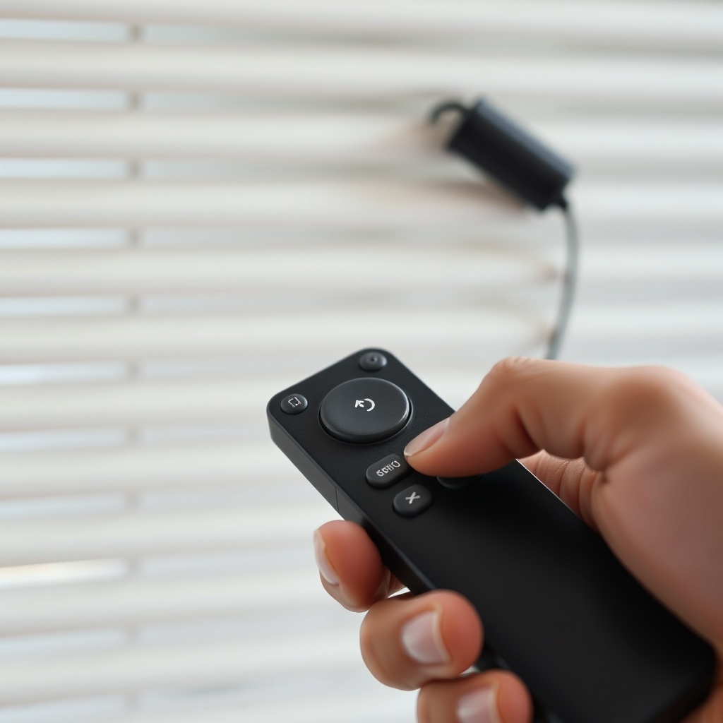 <A photorealistic close-up photo of a hand holding a Sirius black remote while pressing a