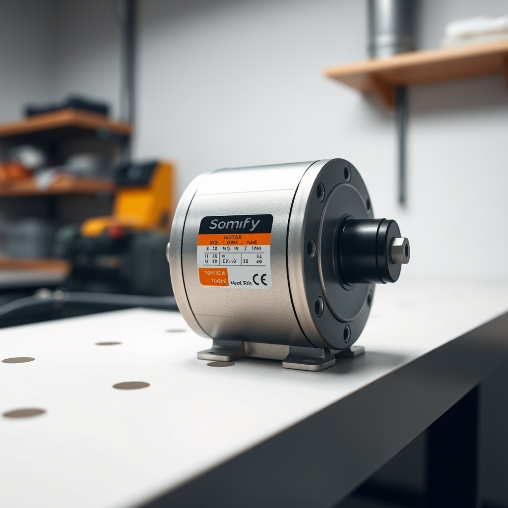 A photorealistic close-up of a Somfy Sunea IO motor placed on a workbench