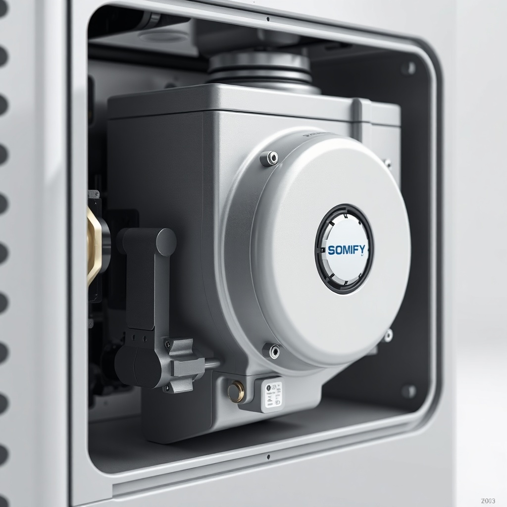 <clean photorealistic close-up photo of Somfy Sunea IO motor unit showing side panel and g