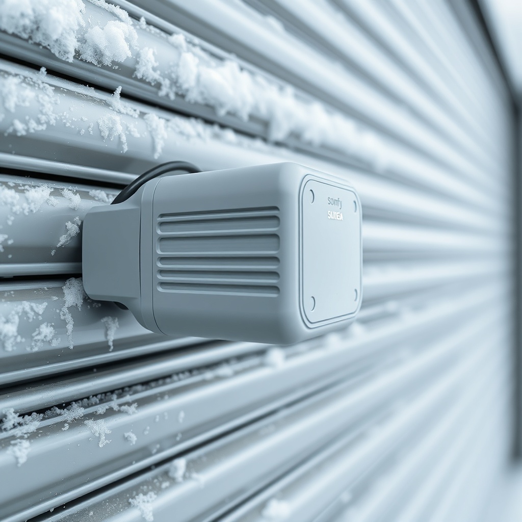 <close-up photorealistic photo of Somfy Sunea IO motor mounted on a roller shutter in snow
