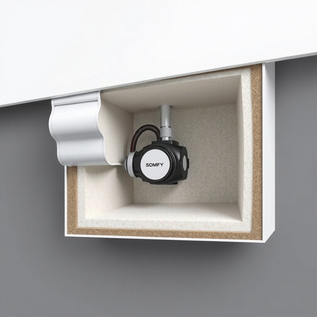 <photorealistic cross-section illustration of a roller shutter box with insulation materia